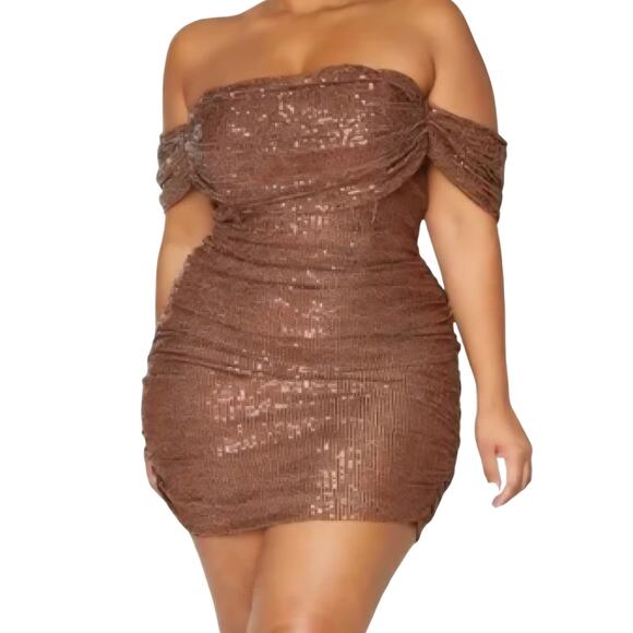 Pretty Little Thing Dress Womens 16 Sequin Off Shoulder Mini Party Ruched New - Picture 1 of 15